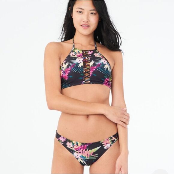 Aeropostale LLD Tropical Floral Bikini Black‎ Floral Bottom Top M Bottom L - Picture 1 of 9